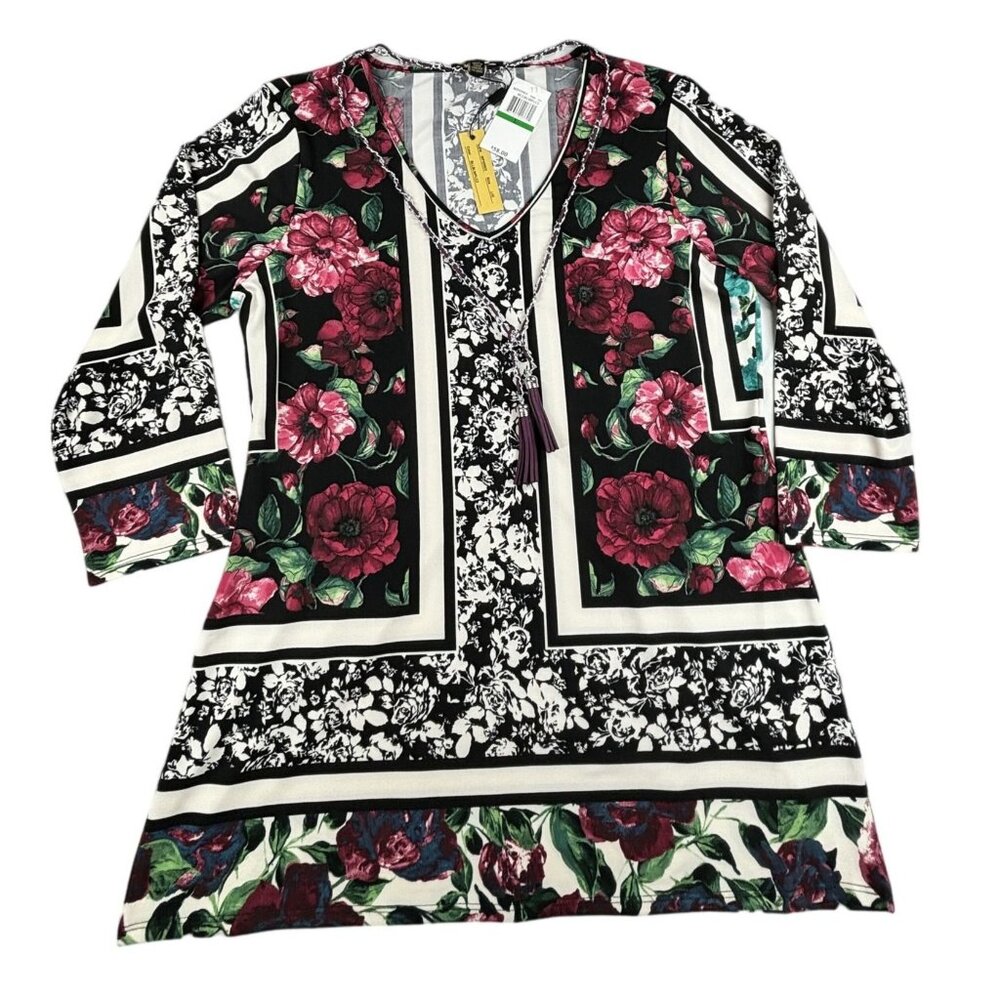 Melissa Paige Floral Print Tunic Top Womens  L V-Neck Stretch Casual w/ Necklace